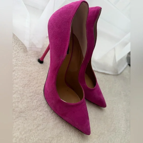 Isabella Lorusso Italian Pink Fuchsia Wave Suede Heels - Picture 4 of 11